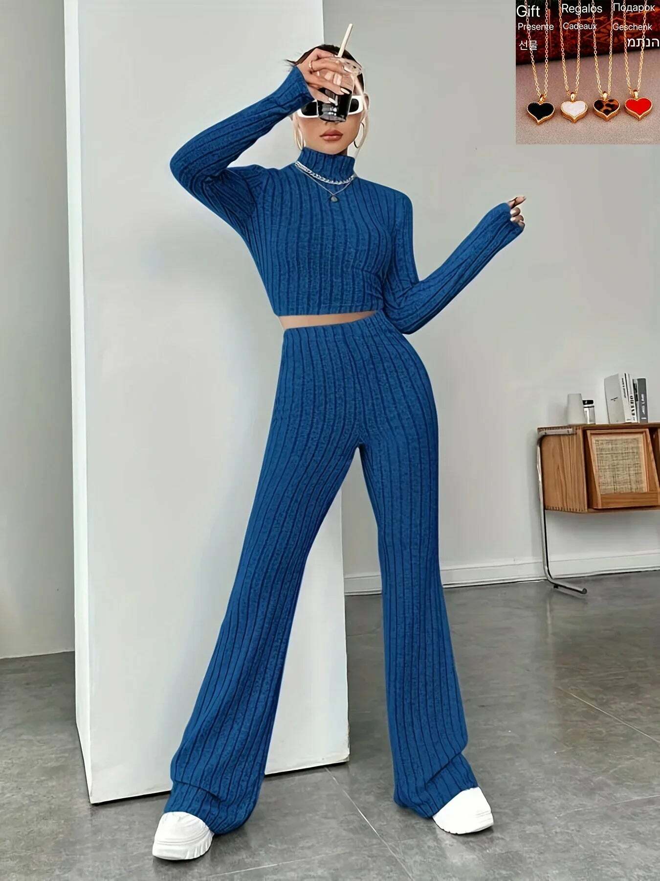Y2K Summer Knitted 2 Piece Set: Vintage Crop Top & Flare Pants, Retro 90S Grunge Outfit Y2K Summer Knitted 2 Piece Set: Vintage Crop Top & Flare Pants, Retro 90S Grunge Outfit