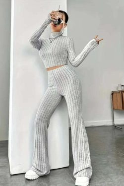 Y2K Summer Knitted 2 Piece Set: Vintage Crop Top & Flare Pants, Retro 90S Grunge Outfit