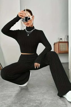 Y2K Summer Knitted 2 Piece Set: Vintage Sweater Crop Top & Flare Pants - Retro Grunge Outfit