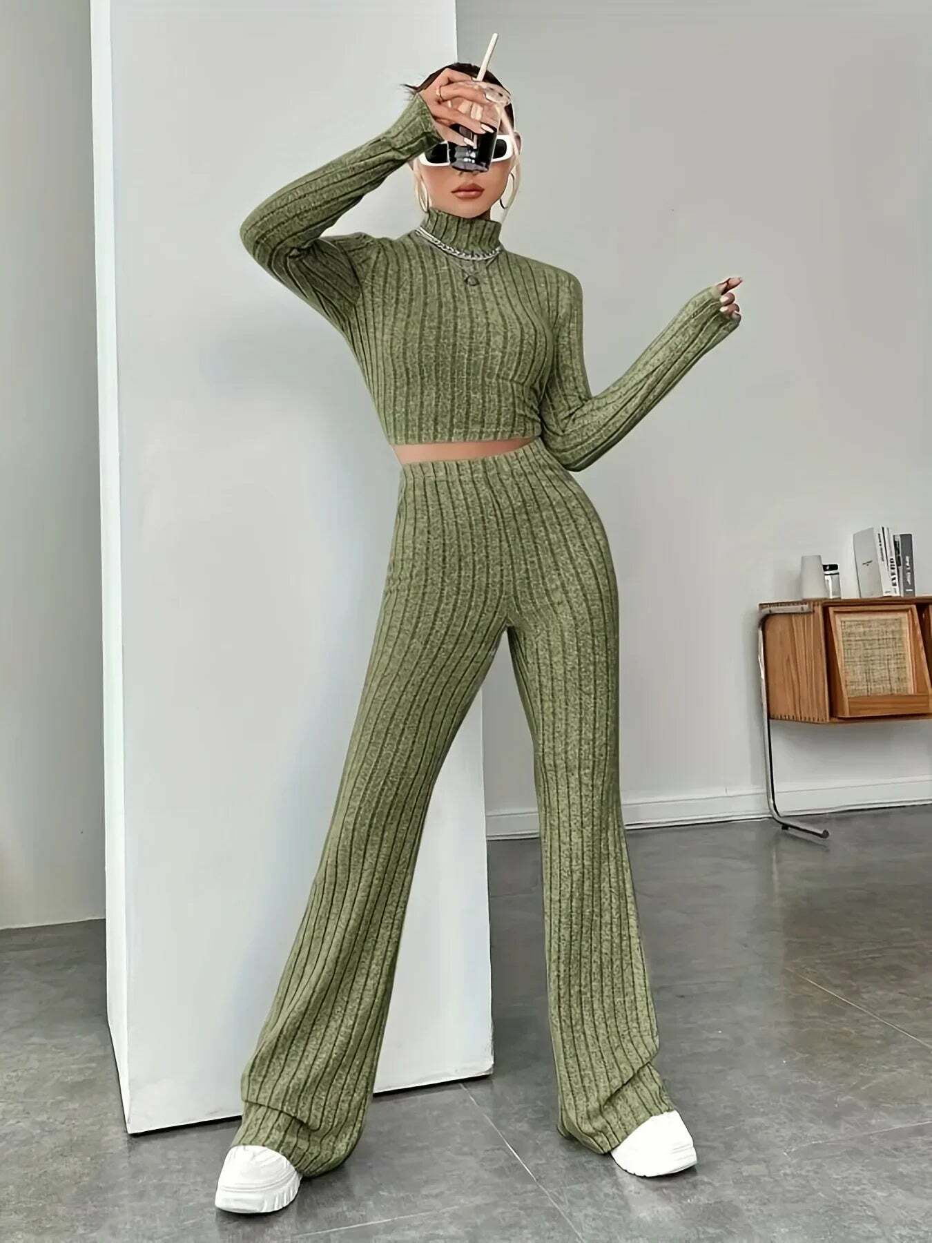 Y2K Summer Knitted 2 Piece Set: Vintage Sweater Crop Top & Flare Pants - Retro Grunge Outfit
