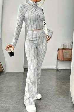 Y2K Summer Knitted 2 Piece Set: Vintage Sweater Crop Top & Flare Pants - Retro Grunge Outfit
