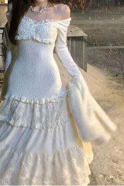 Y2K Summer Knitted Lace Patchwork Midi Dress - Retro 90S Grunge Princess Party Outfit