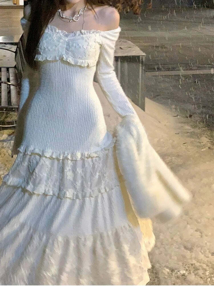 Y2K Summer Knitted Lace Patchwork Midi Dress - Retro 90S Grunge Princess Party Outfit