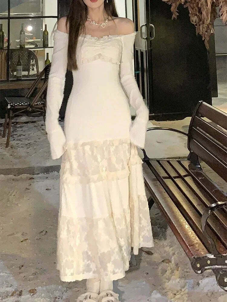 Y2K Summer Knitted Lace Patchwork Midi Dress - Retro 90S Grunge Princess Party Outfit