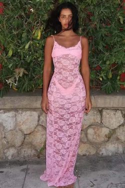 Y2K Summer Lace Dress - Pink See-Through Party Clubwear, Retro 90S Grunge Fashion Wholesale