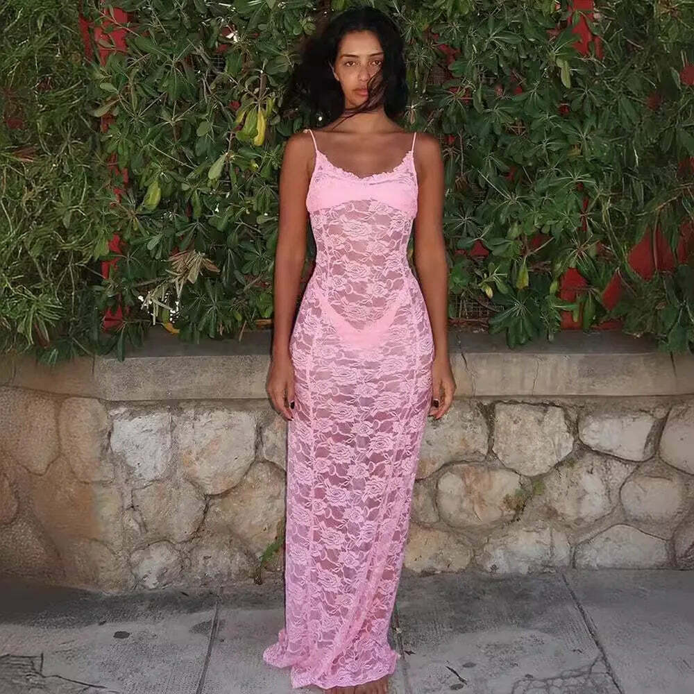 Y2K Summer Lace Dress - Pink See-Through Party Clubwear, Retro 90S Grunge Fashion Wholesale