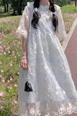 Y2K Summer Lace Embroidery Flower Doll Collar Dress - Cute Grunge 90S Aesthetic Outfit