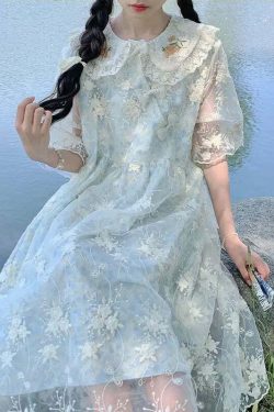 Y2K Summer Lace Embroidery Flower Doll Collar Dress - Cute Grunge 90S Aesthetic Outfit