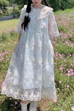 Y2K Summer Lace Embroidery Flower Doll Collar Dress - Cute Grunge 90S Aesthetic Outfit