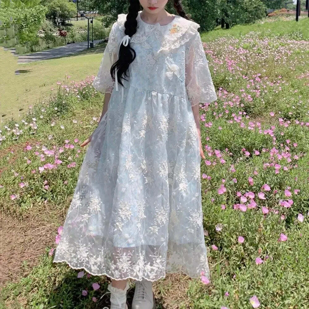 Y2K Summer Lace Embroidery Flower Doll Collar Dress - Cute Grunge 90S Aesthetic Outfit Y2K Summer Lace Embroidery Flower Doll Collar Dress - Cute Grunge 90S Aesthetic Outfit
