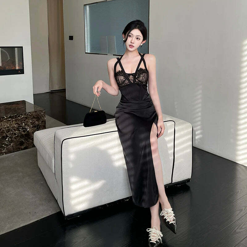 Y2K Summer Lace Splicing Slim High Split Dress - Sexy Grunge Spice Girl 90S Fashion Outfit