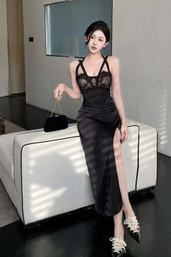 Y2K Summer Lace Splicing Slim High Split Dress - Sexy Grunge Spice Girl 90S Fashion Outfit