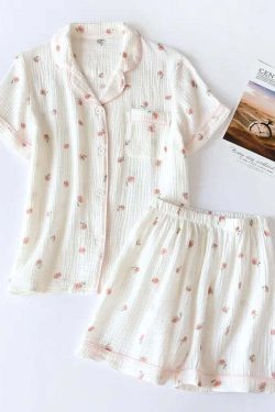 Y2K Summer Ladies Short-Sleeved Shorts Pajamas Set - 100% Cotton Crepe, Retro 90S Grunge Style