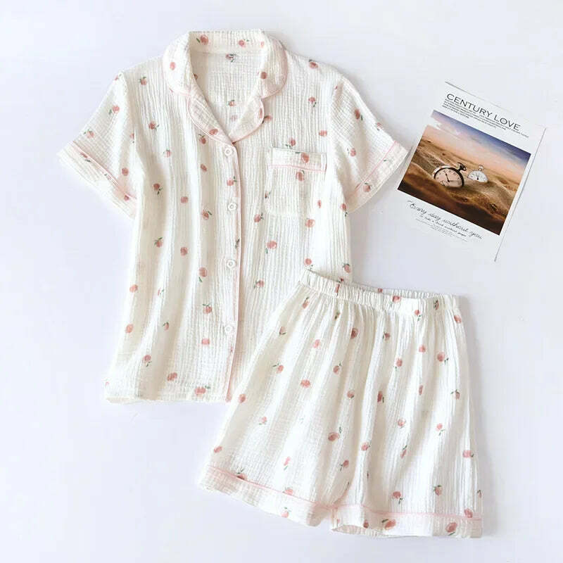 Y2K Summer Ladies Short-Sleeved Shorts Pajamas Set - 100% Cotton Crepe, Retro 90S Grunge Style Y2K Summer Ladies Short-Sleeved Shorts Pajamas Set - 100% Cotton Crepe, Retro 90S Grunge Style