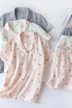 Y2K Summer Ladies Short-Sleeved Shorts Pajamas Set - 100% Cotton Crepe, Retro 90S Grunge Style