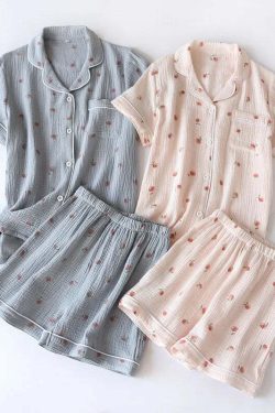Y2K Summer Ladies Short-Sleeved Shorts Pajamas Set - 100% Cotton Crepe, Retro 90S Grunge Style