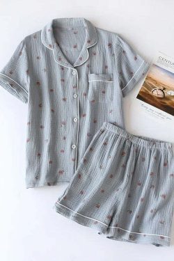 Y2K Summer Ladies Short-Sleeved Shorts Pajamas Set - 100% Cotton Crepe, Retro 90S Grunge Style