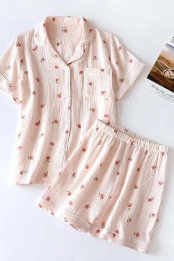 Y2K Summer Ladies Short-Sleeved Shorts Pajamas Set - 100% Cotton Crepe, Retro 90S Grunge Style