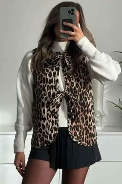 Y2K Summer Leopard V-Neck Bow Vest - Retro 90S Grunge, Pastel Goth, Y2K Club & Party Outfits