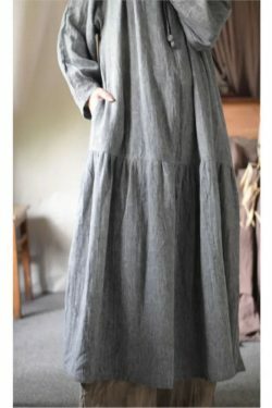 Y2K Summer Retro Loose Flax Dress - 90S Grunge O-Neck Drawstring Sleeve Casual Outfit