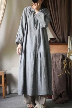 Y2K Summer Retro Loose Flax Dress - 90S Grunge O-Neck Drawstring Sleeve Casual Outfit