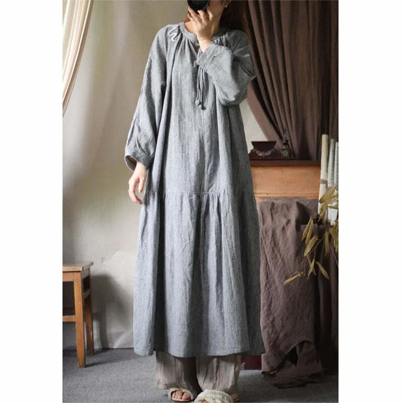 Y2K Summer Retro Loose Flax Dress - 90S Grunge O-Neck Drawstring Sleeve Casual Outfit Y2K Summer Retro Loose Flax Dress - 90S Grunge O-Neck Drawstring Sleeve Casual Outfit