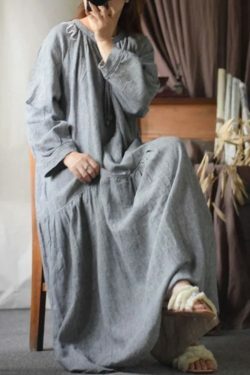 Y2K Summer Retro Loose Flax Dress - 90S Grunge O-Neck Drawstring Sleeve Casual Outfit