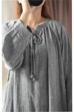 Y2K Summer Retro Loose Flax Dress - 90S Grunge O-Neck Drawstring Sleeve Casual Outfit