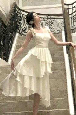 Y2K Summer Retro White Dress - Vintage 90S Grunge A-Line Tiered Sundress For Women