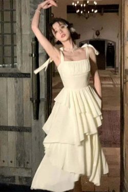 Y2K Summer Retro White Dress - Vintage 90S Grunge A-Line Tiered Sundress For Women