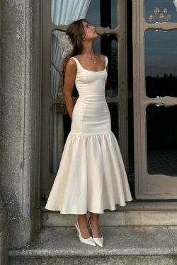 Y2K Summer Ruffle Dress - Slim Solid Square Collar Sleeveless Vestidos, 90S Grunge Party Fashion