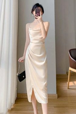 Y2K Summer Satin Halter Dress & Waist Slit Wrap Skirt Two-Piece Set - 90S Grunge Fashion