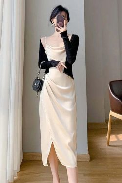 Y2K Summer Satin Halter Dress & Waist Slit Wrap Skirt Two-Piece Set - 90S Grunge Fashion