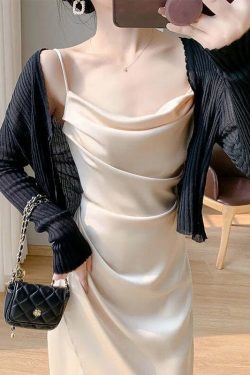 Y2K Summer Satin Halter Dress & Waist Slit Wrap Skirt Two-Piece Set - 90S Grunge Fashion