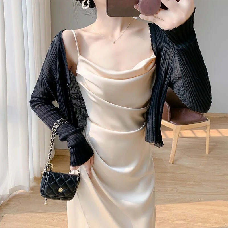 Y2K Summer Satin Halter Dress & Waist Slit Wrap Skirt Two-Piece Set - 90S Grunge Fashion Y2K Summer Satin Halter Dress & Waist Slit Wrap Skirt Two-Piece Set - 90S Grunge Fashion