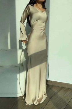 Y2K Summer Satin Maxi Dress - Elegant Long Flare Sleeve, Lace-Up, Retro 90S Party Prom Gown