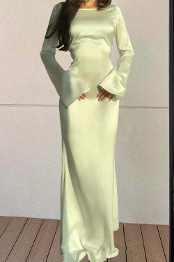 Y2K Summer Satin Maxi Dress - Elegant Long Flare Sleeve, Lace-Up, Retro 90S Party Prom Gown