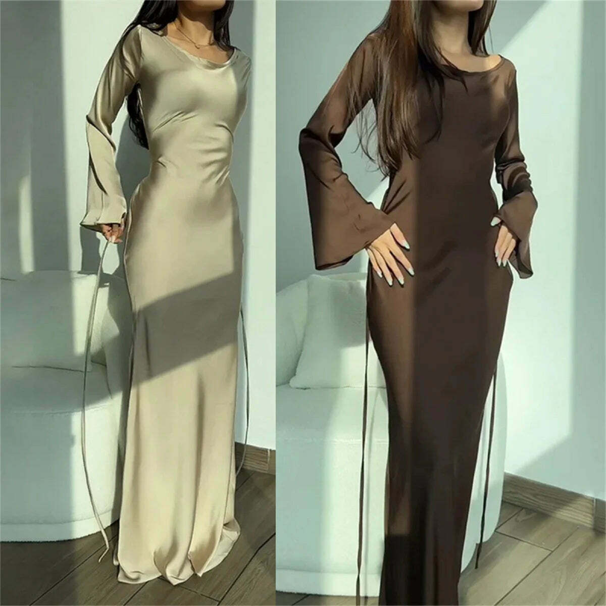 Y2K Summer Satin Maxi Dress - Elegant Long Flare Sleeve, Lace-Up, Retro 90S Party Prom Gown Y2K Summer Satin Maxi Dress - Elegant Long Flare Sleeve, Lace-Up, Retro 90S Party Prom Gown