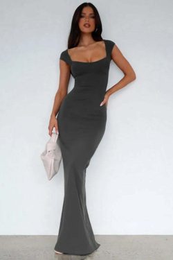 Y2K Summer Square Collar Sleeveless Long Dress - Elegant Office Lady Backless Split Slim Party Dress
