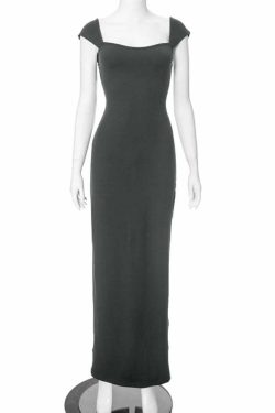 Y2K Summer Square Collar Sleeveless Long Dress - Elegant Office Lady Backless Split Slim Party Dress