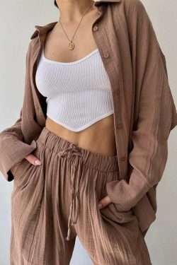 Y2K Summer Tracksuit: Button-Up Shirt & Wide Leg Trousers, Casual Grunge 90S Outfit Set