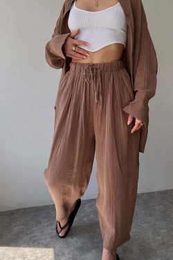 Y2K Summer Tracksuit: Button-Up Shirt & Wide Leg Trousers, Casual Grunge 90S Outfit Set