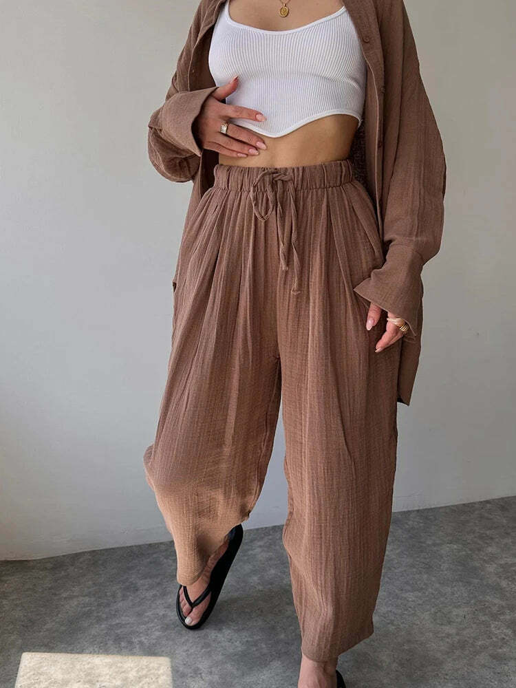 Y2K Summer Tracksuit: Button-Up Shirt & Wide Leg Trousers, Casual Grunge 90S Outfit Set