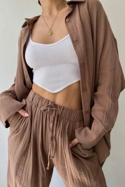 Y2K Summer Tracksuit: Button-Up Shirt & Wide Leg Trousers, Casual Grunge 90S Outfit Set