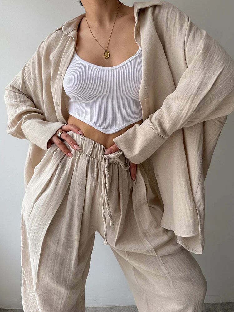 Y2K Summer Tracksuit: Button-Up Shirt & Wide Leg Trousers, Casual Grunge 90S Outfit Set