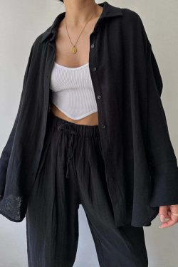 Y2K Summer Tracksuit: Button-Up Shirt & Wide Leg Trousers, Casual Grunge 90S Outfit Set