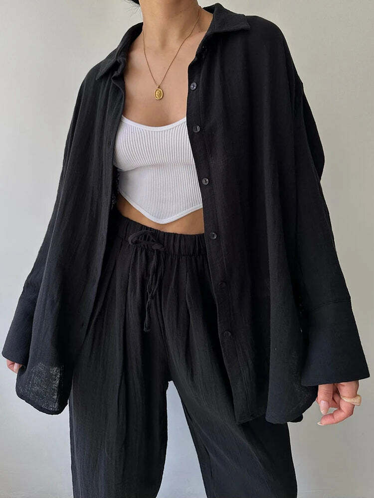 Y2K Summer Tracksuit: Button-Up Shirt & Wide Leg Trousers, Casual Grunge 90S Outfit Set