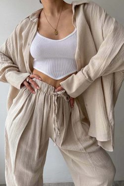 Y2K Summer Tracksuit: Button-Up Shirt & Wide Leg Trousers, Casual Grunge 90S Outfit Set