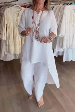 Y2K Summer Two Piece Set: Cotton Linen Wide Leg Pants & Half Sleeve Top - Vintage 90S Grunge Outfit