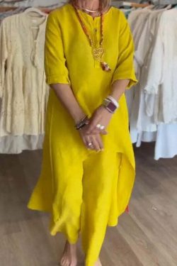 Y2K Summer Two Piece Set: Cotton Linen Wide Leg Pants & Half Sleeve Top - Vintage 90S Grunge Outfit